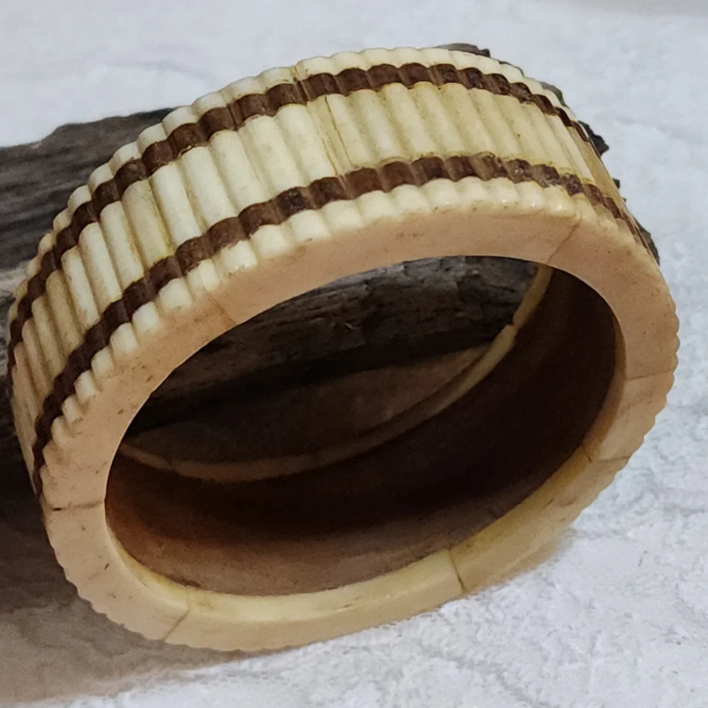 Vintage Boho Faux Bone Resin With Wood Inlay Bangle Cuff Bracelet